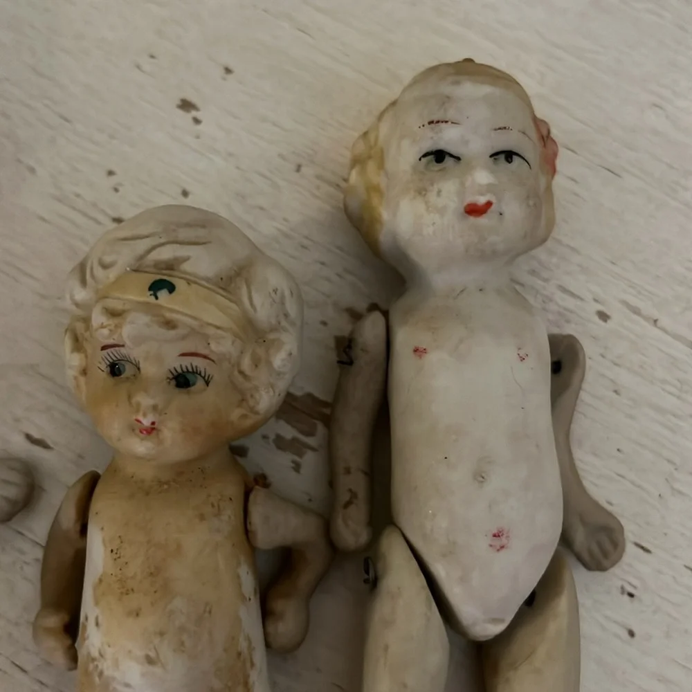 Lot Antique bisque jointed & strung Japan dolls miniature